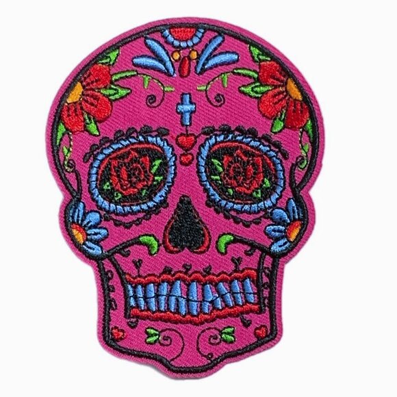 Accessories - Pink Blue Sugar Skull Iron on Patch Embroidered Cross Rose Dia de los Muertos